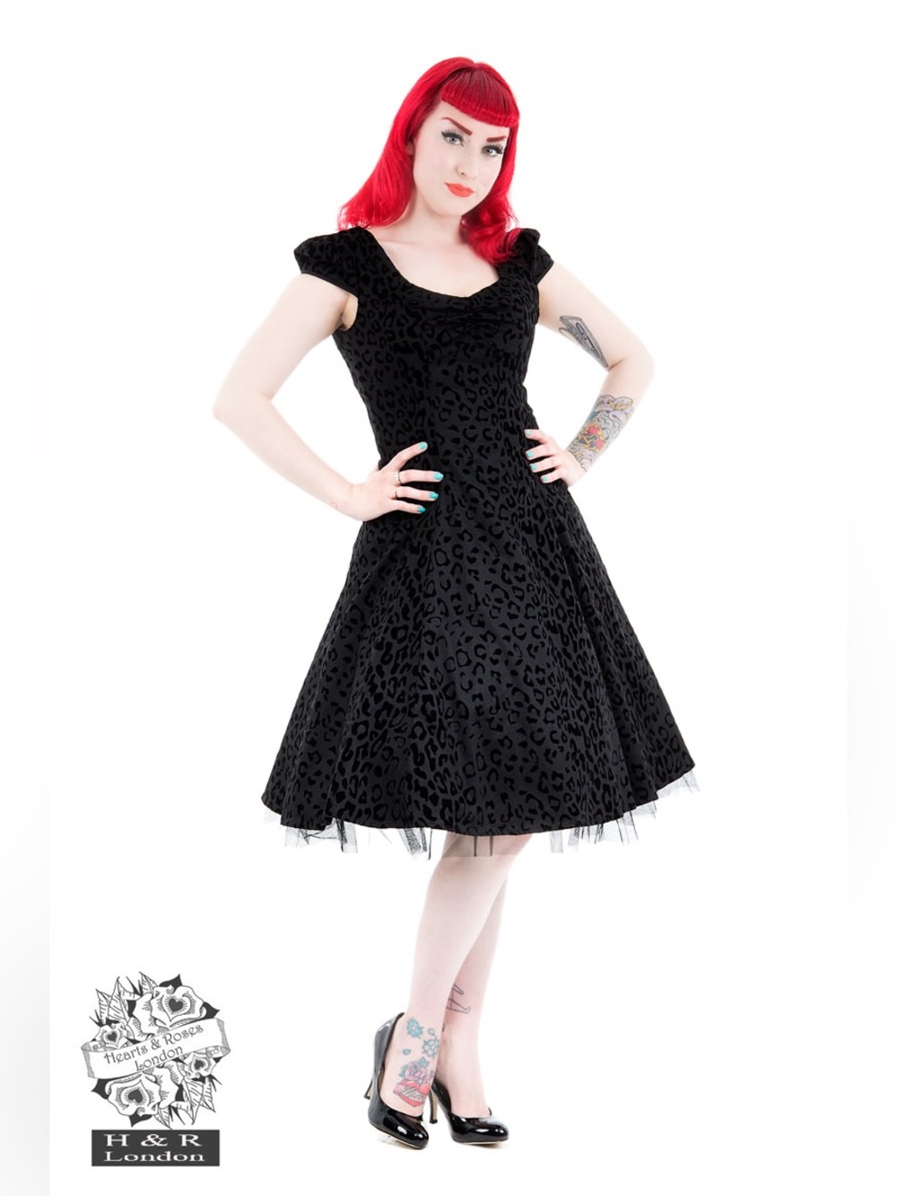 Hearts & Roses H&R UK16/US12 Black Flocked Leopard Print Dress